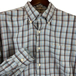 Peter Millar Mens XL Plaid Cotton Button Down Shirt Blue Brown Gold Long Sleeve